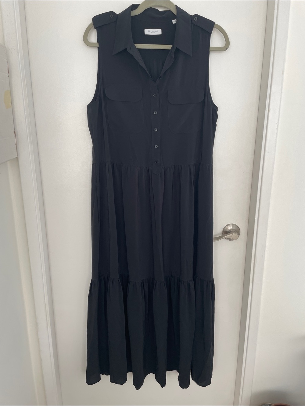 Equipment Sleeveless Silk Black Tiered Maxi Shirt Dress